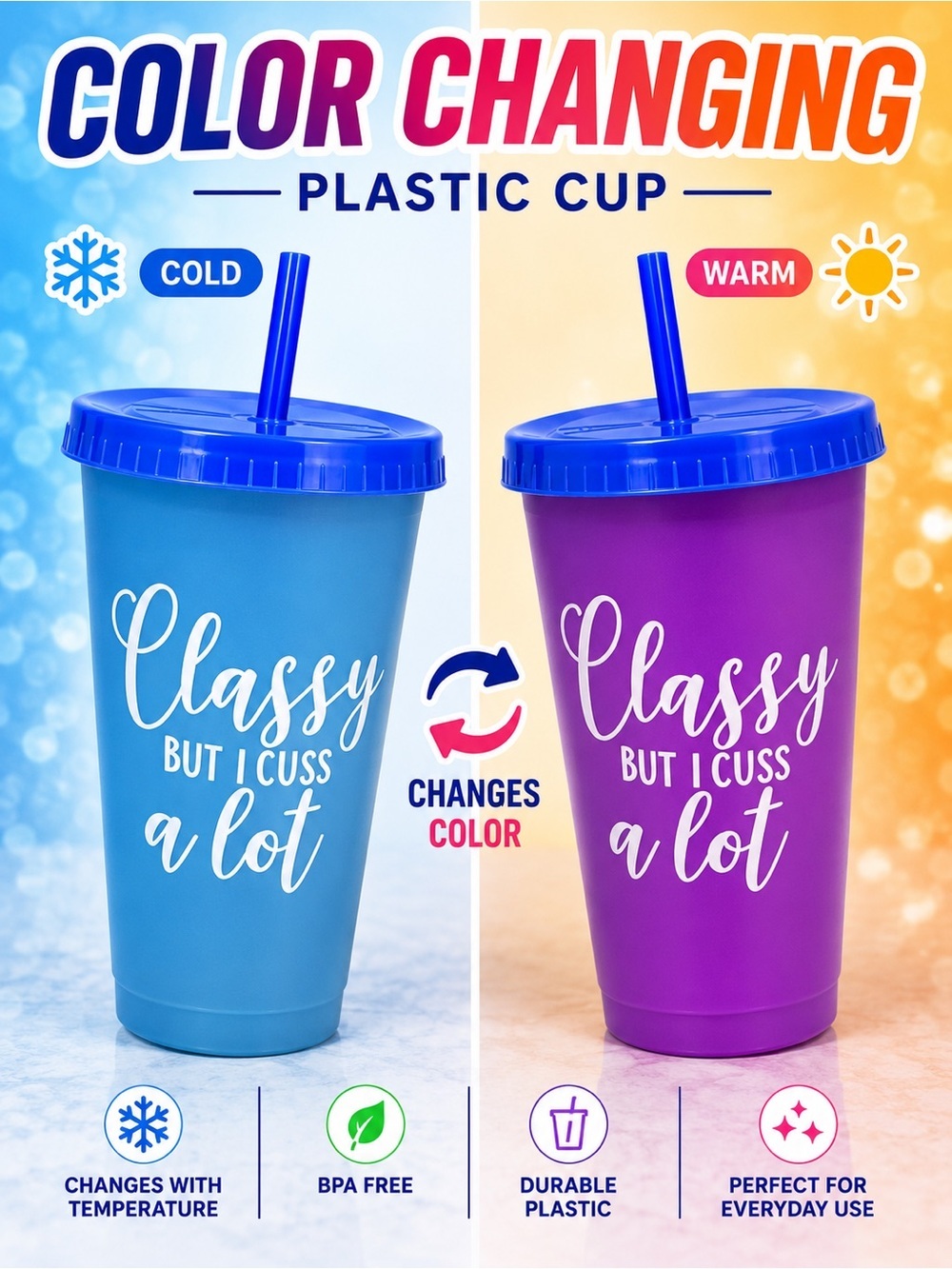 Color changing Hand Crafted Blue Tumbler with White Script and Matching Straw